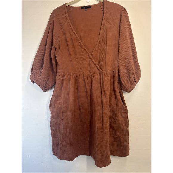 Madewell Dresses & Skirts - Madewell Women's Small Cotton Brown Babydoll Dress Puffy Sleeves V Neck Boho